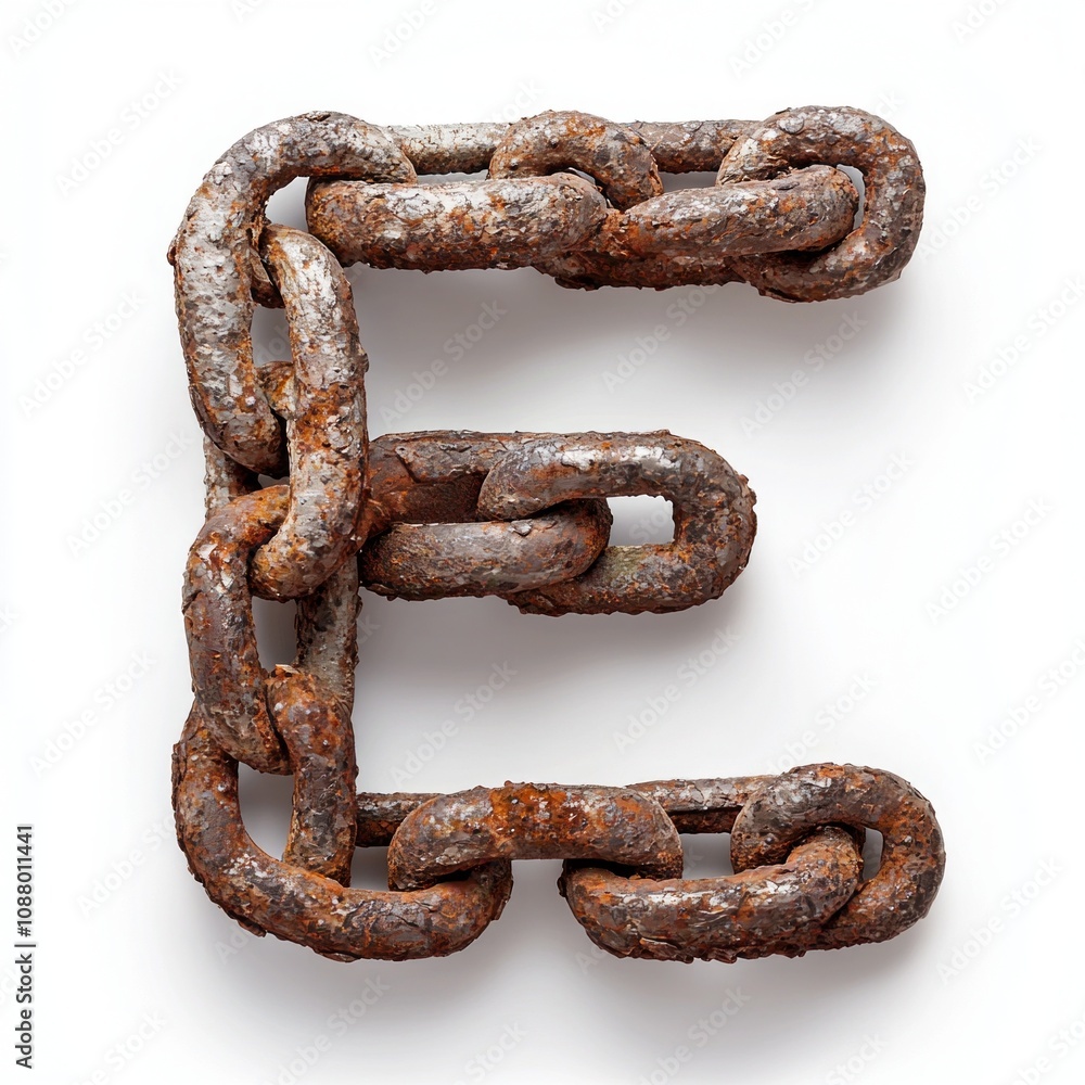 Poster letter e crafted rough interconnected chain links rests stark white background. artistic representat