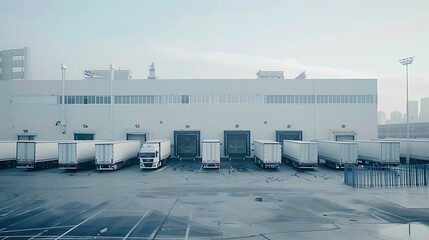 Obraz premium A view of a loading dock with multiple trucks parked, ready for cargo operations in an industrial setting.