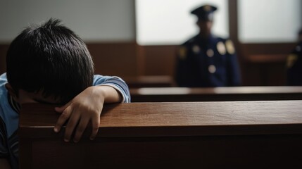 A young boy sits alone in a courtroom, his head resting on the bench, with an officer in uniform in the background.