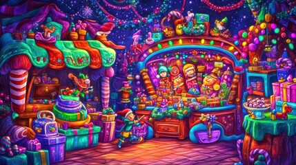 Fototapeta premium Whimsical Workshop of Colorful Toy-Making Elves