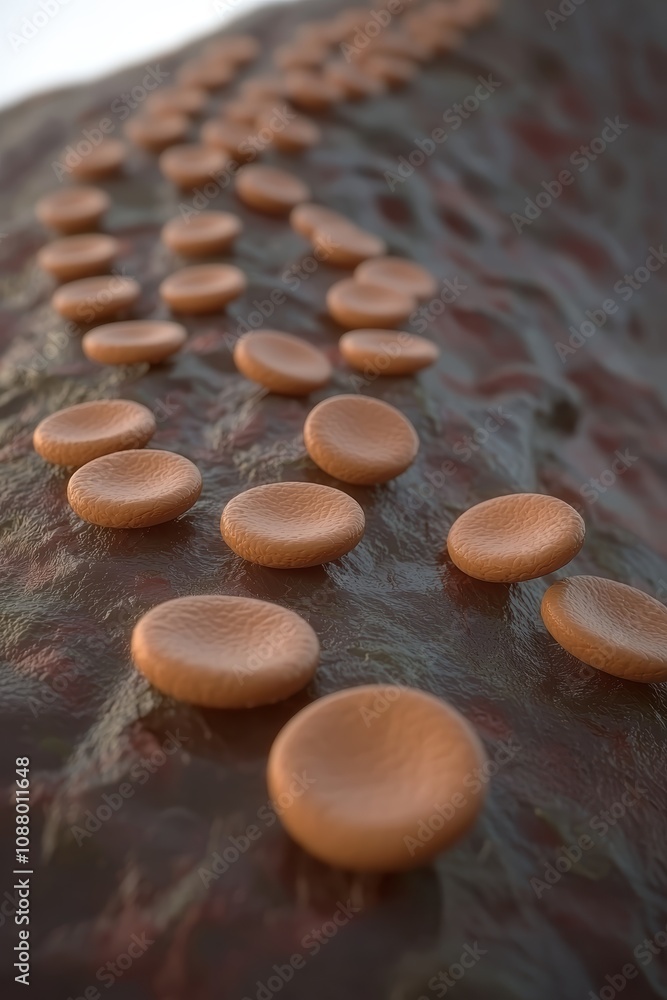 Poster Close-up View of Stylized Blood Cells on a Textured Surface Highlighting the Intricate Patterns and Colors of Natural and Biological Forms in Abstract Representation
