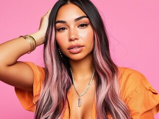 Fototapeta premium Young woman with long hair featuring soft pink highlights poses confidently against a vibrant pink backdrop wearing a stylish orange top and trendy accessories.