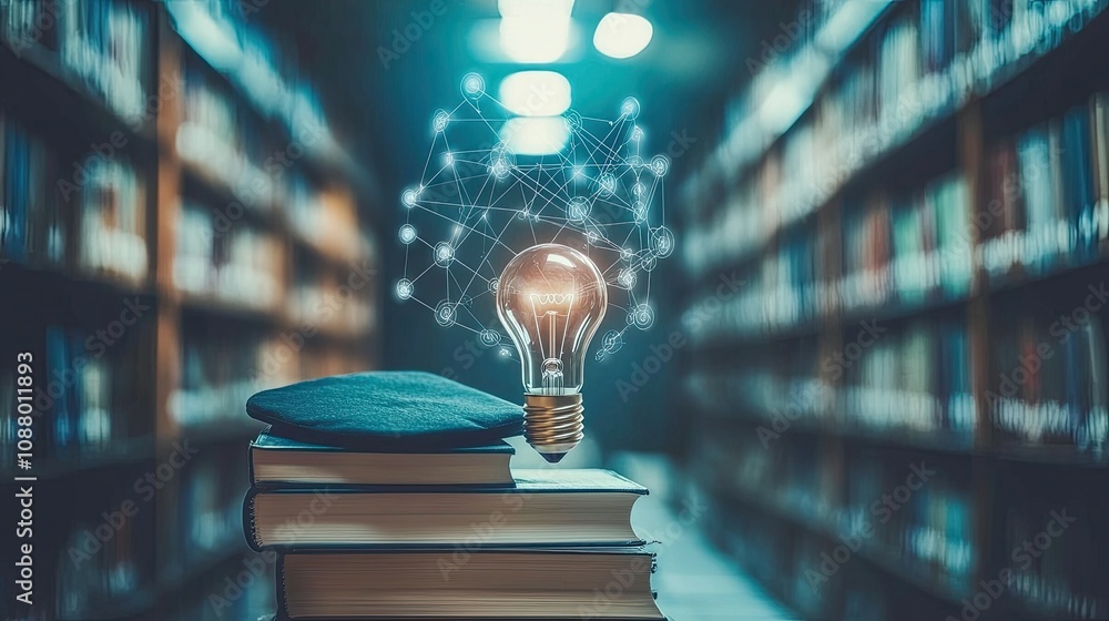 Poster enlightened ideas: a conceptual image of a light bulb representing knowledge surrounded by books and