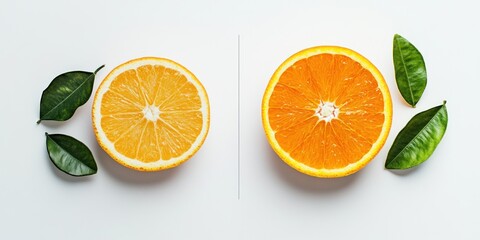 Two orange halves with green leaves on a white background.