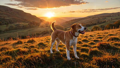Chien profitant d'un coucher de soleil dans la vall&eacute;e
