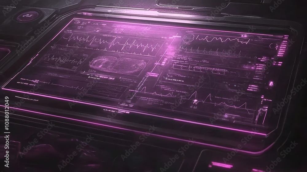 Poster futuristic interface display with neon purple graphics and data visualizations for sci-fi and techno