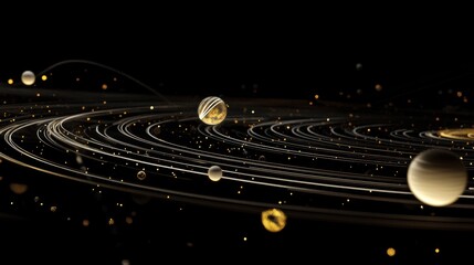 Obraz premium Captivating Cosmic Scene Featuring Celestial Bodies, Orbiting Planets, Glimmering Stars, and a Dark Universe Setting with Swirling Galactic Lines