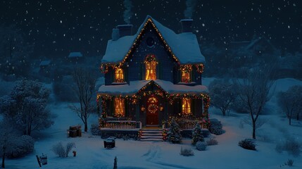 Obraz premium Cozy House Adorned with Christmas Lights in Snowy Evening