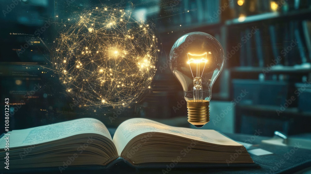 Poster creative concept of an open book with a light bulb and network connections representing knowledge, i