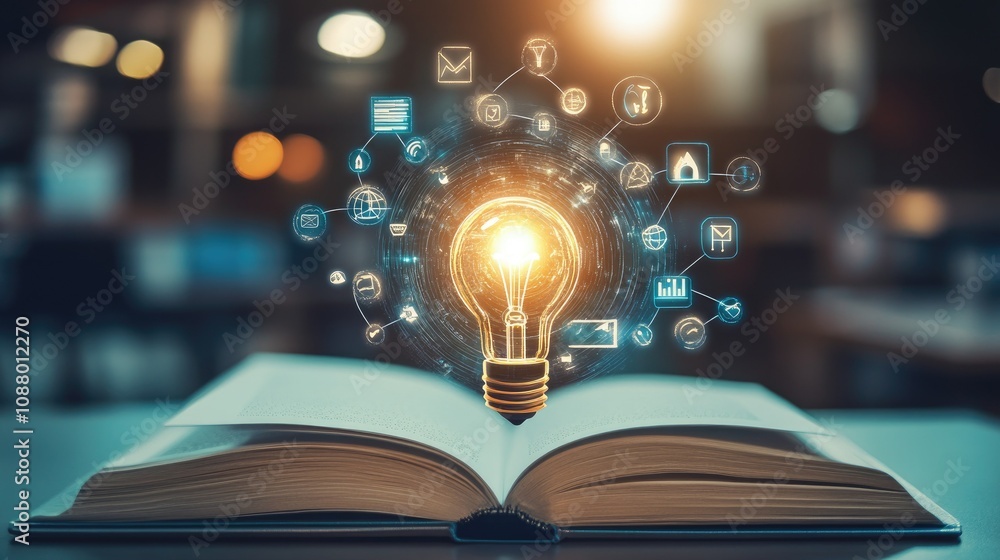 Poster Conceptual Visualization of Knowledge as a Bright Light Bulb Emanating from an Open Book Surrounded by Digital Icons Signifying Information and Learning
