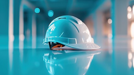 Life saving Safety Concept. A glossy white hard hat reflects light, symbolizing safety and construction, resting on a bright surface in an industrial setting.