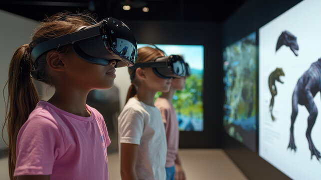 Exploring virtual reality, children wear headsets in interactive exhibit child in Tech Concept.