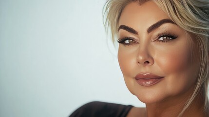 Fototapeta premium Close-up Portrait of a Confident Woman with Flawless Skin and Elegant Makeup against a Soft Background, Expressing Beauty and Self-Assurance