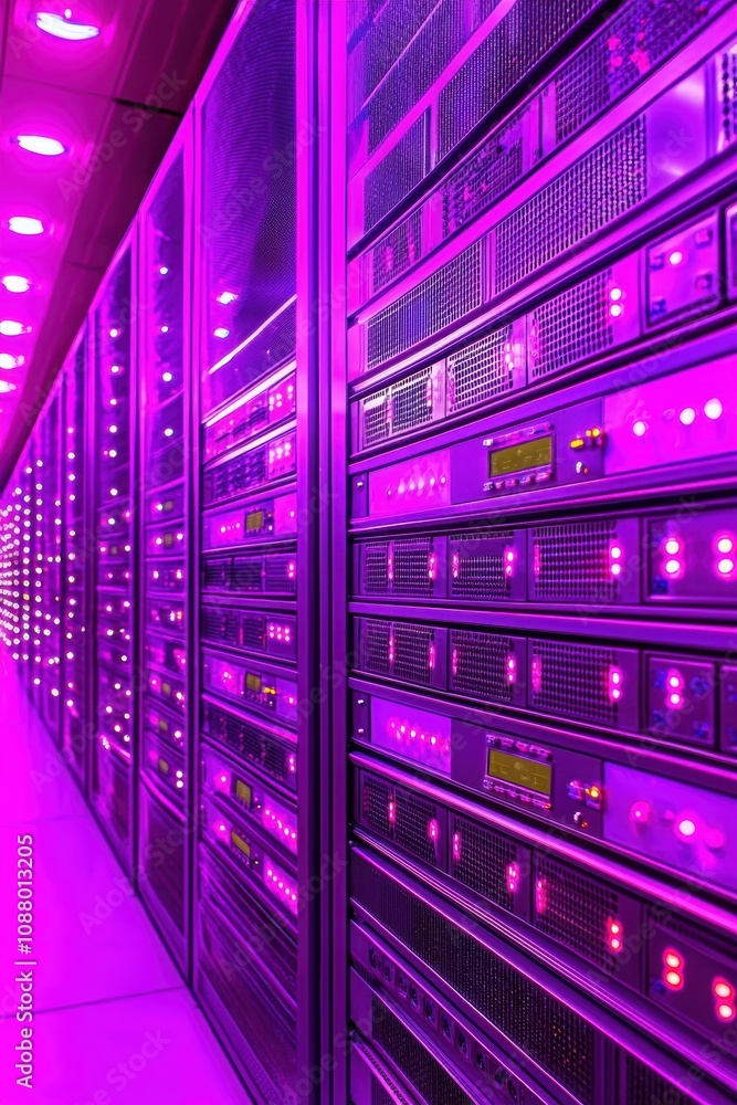 Poster futuristic data center with rows of servers illuminated by vibrant purple lights highlighting advanc