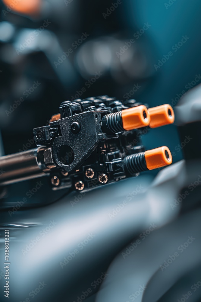 Poster close-up view of a precision mechanical component with orange details in a modern industrial setting