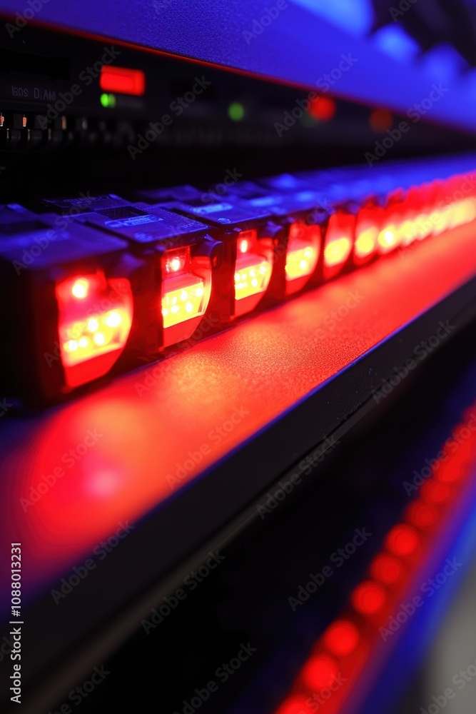 Poster close-up view of illuminated network switch with red status lights in a modern data center environme