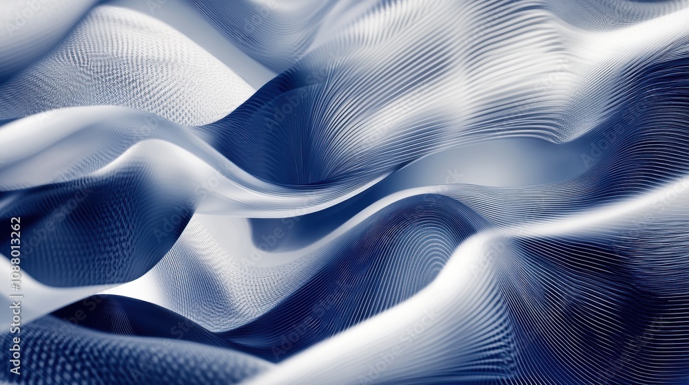 Poster elegant flowing waves in shades of blue and white with intricate patterns of light and shadow creati