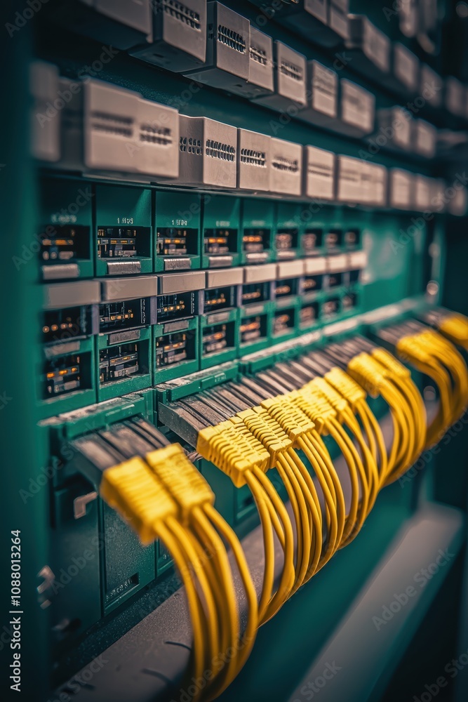 Poster close-up view of ethernet cables and network equipment in data center environment for technology and