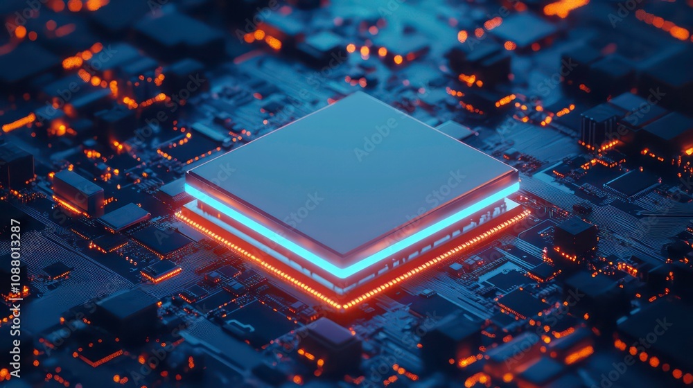 Poster concept cpu microchip for ai and data network. close-up view of modern chip gpu card with circuit bl