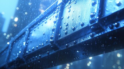 Wet metallic beam in city rain.