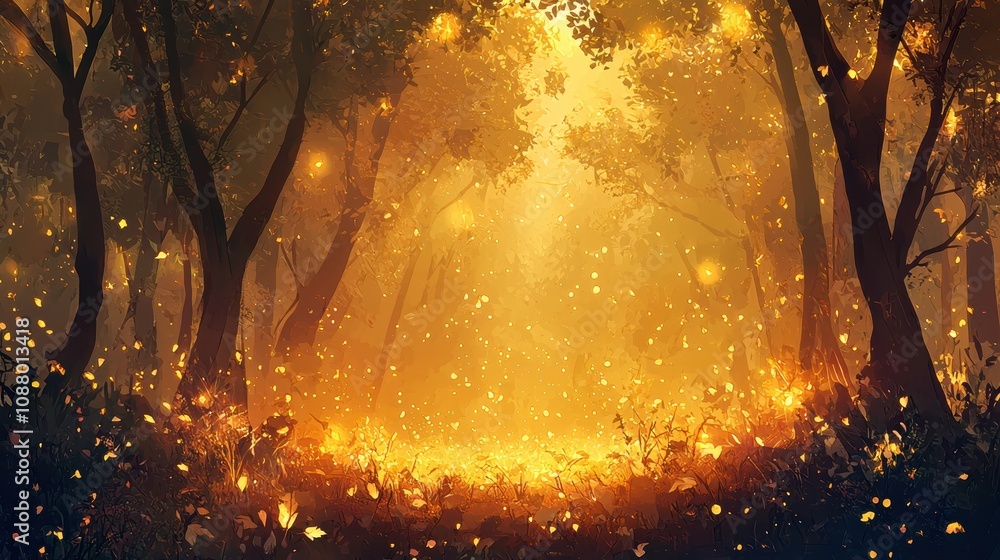 Poster enchanted forest with glowing particles and soft light filtering through trees creating a mystical a