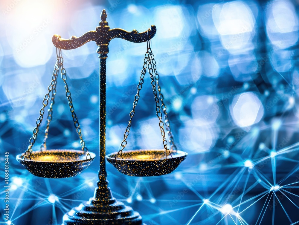 Poster intricate representation of justice symbolized by balancing scales against a futuristic digital back