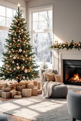 Fototapeta premium Cozy Winter Living Room with Christmas Tree and Fireplace