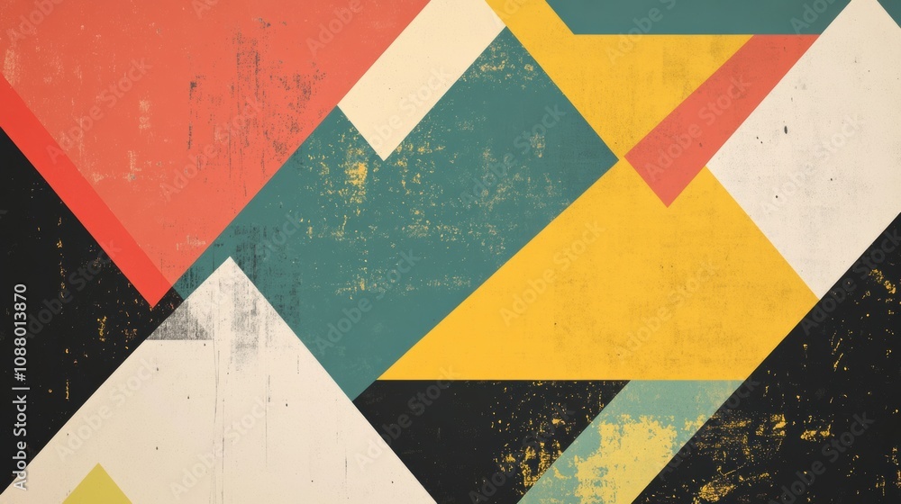 Poster abstract geometric background with multicolored shapes and textures in retro style for creative desi
