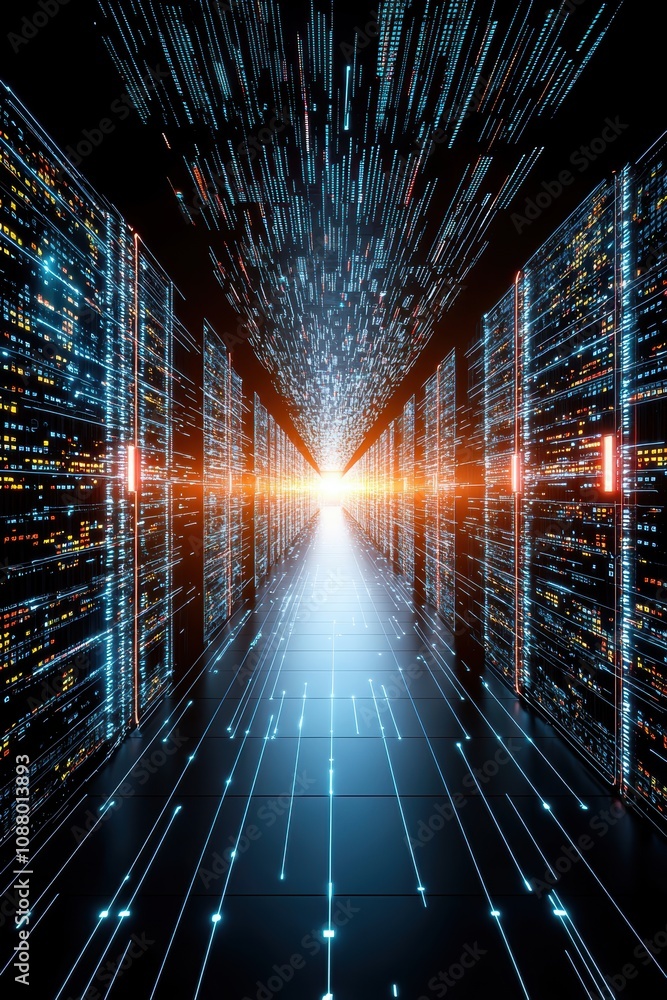 Poster futuristic data center with glowing particles and light pathway showcasing high-tech digital infrast