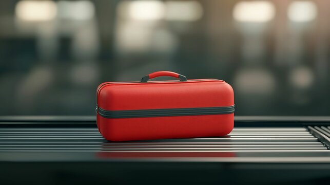 Conveyor belt airport. A vibrant red bag sits on a conveyor belt, showcasing a sleek design against a blurred background, suggesting travel and adventure.