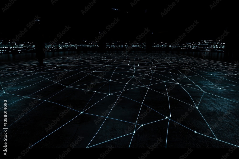 Poster abstract visualization of digital connections on a dark floor with illuminated lines and dots repres