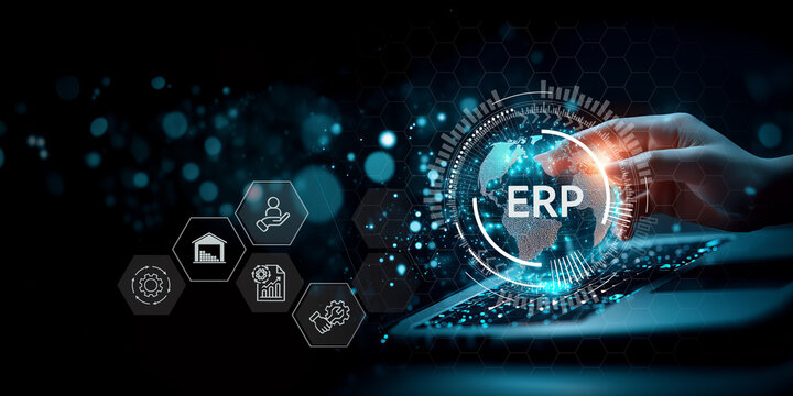 Futuristic ERP technology concept. A digital representation of ERP solutions with a glowing globe and icons of business processes, symbolizing global enterprise resource management.