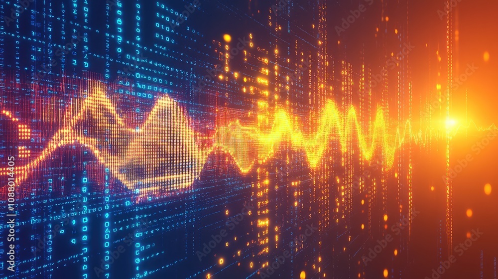 Poster abstract digital waveform display with binary data and vibrant light effects representing sound wave