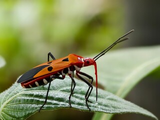 Dysdercus cingulatus on a leaf with blurred background