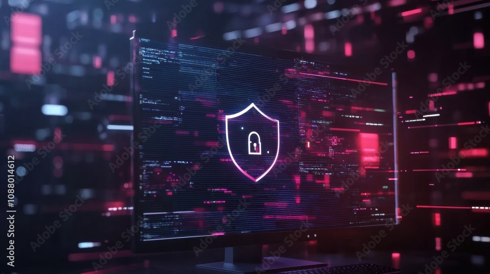 Aufkleber A computer screen shows a shield and lock icon, symbolizing strong internet security amid a vibrant digital backdrop. Generative AI