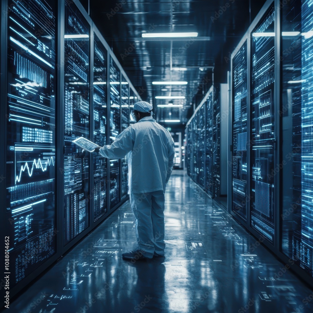 Poster technician in high-tech data center analyzing information on a digital tablet surrounded by server r