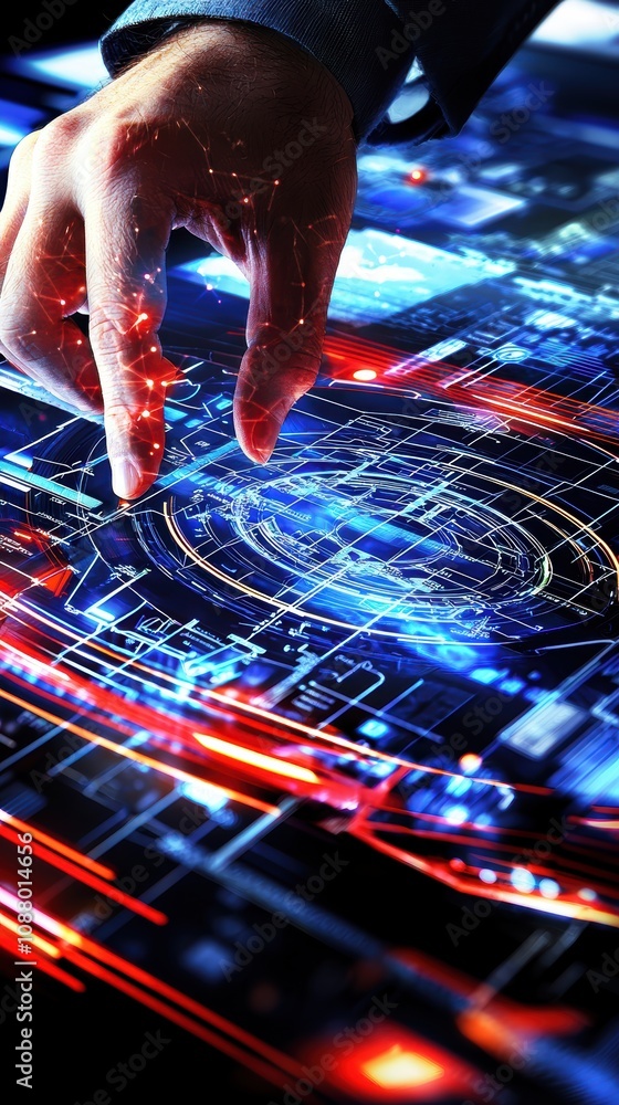 Poster futuristic hand interacting with abstract digital interface showcasing data visualization and techno