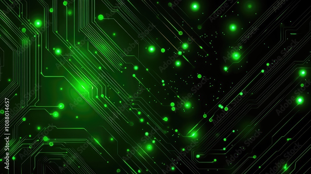 Poster abstract digital circuit board background with glowing green elements set against a dark backdrop, i