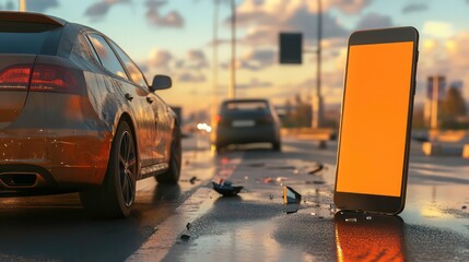 A shattered smartphone lies on the asphalt road in the foreground, with a car in the background.