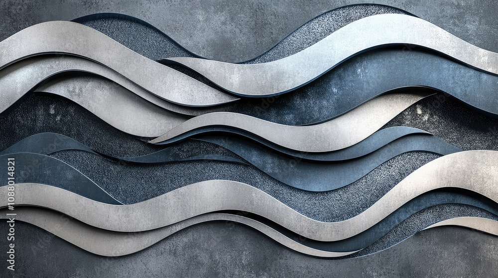 Poster abstract waves in metallic textures showcasing a dynamic flowing design with shades of gray and blue