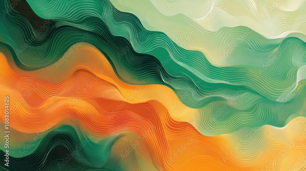 Poster abstract wavy pattern in vibrant colors of green, orange, and yellow, creating a dynamic and flowing
