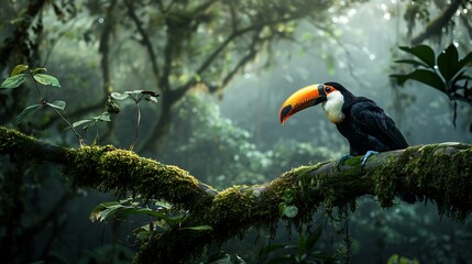 Fototapeta premium A vibrant toucan perched on a mossy branch in a lush, misty rainforest, showcasing the beauty of wildlife.