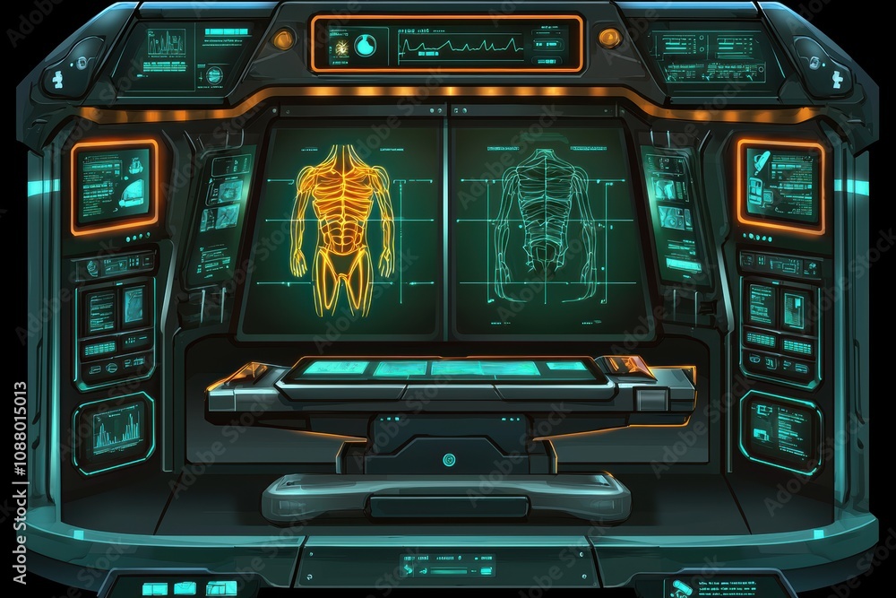 Poster futuristic medical interface with anatomical visualization and advanced technology displayed in a hi