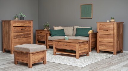 Fototapeta premium Modern Living Room with Natural Wooden Furniture Featuring Cozy Sofa and Stylish Storage Units Against a Neutral Wall and Floor