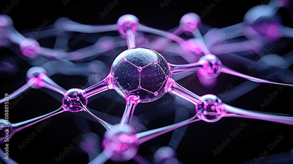 Poster 3d molecular structure illustration in vibrant purple and blue colors showcasing interconnected atom