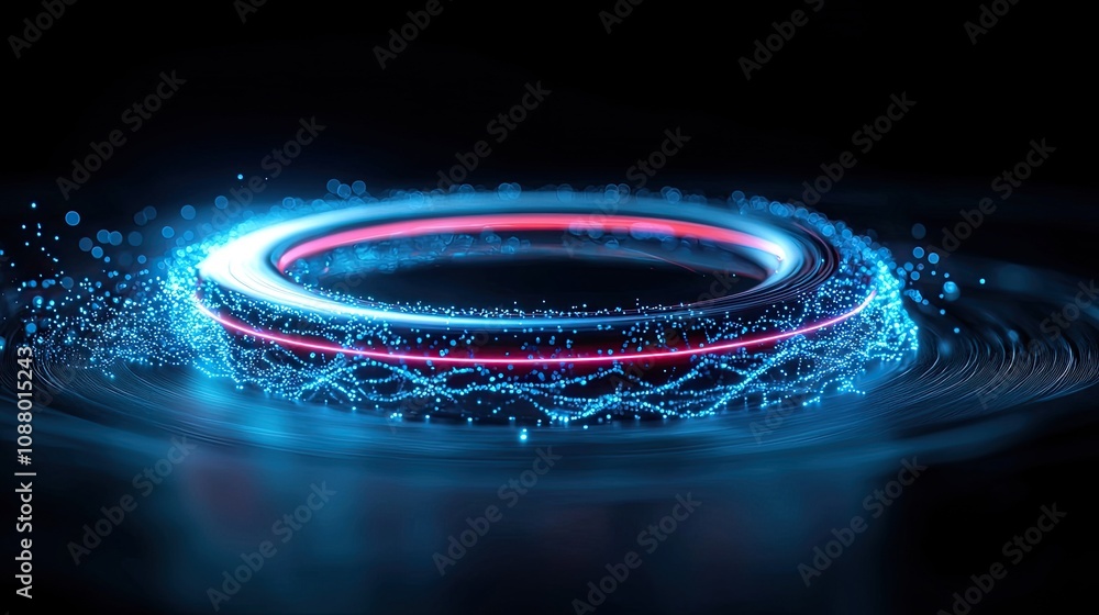Poster vibrant blue and red light spiral with glowing dots creating dynamic motion in dark background, show