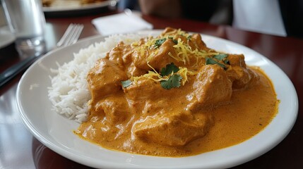 Creamy Chicken Curry Served with Steamed Basmati Rice in a Bowl Garnished with Fresh Herbs and Spices for a Flavorful Dining Experience
