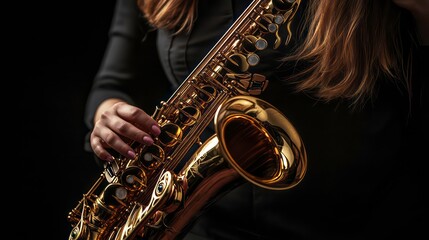 Obraz premium A woman's hand playing a golden saxophone against a black background.