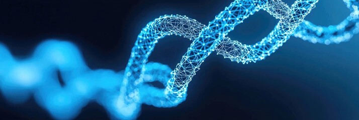 Abstract illustration of a blue digital DNA strand gracefully twisting in a dark background, showcasing intricate lines and glowing nodes in a futuristic style