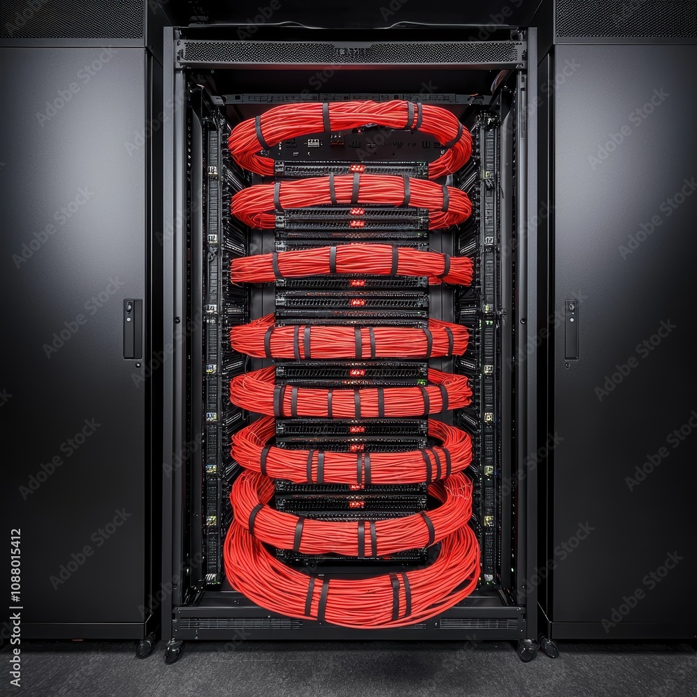 Poster a close-up view of a data center server rack with neatly organized red networking cables and high-te